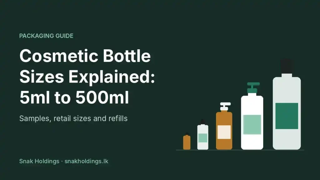 Flat illustration of five cosmetic bottles from a small 5ml amber dropper bottle to a large 500ml bottle beside the title Cosmetic Bottle Sizes Explained: 5ml to 500ml