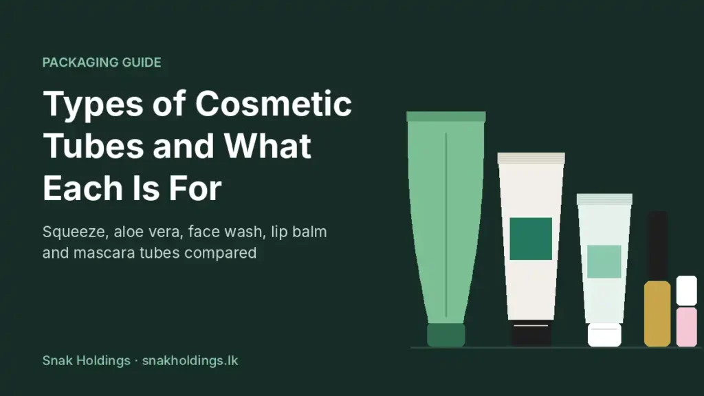 Aloe vera tube, squeeze tubes, mascara tube and lip balm tube beside the title Types of Cosmetic Tubes and What Each Is For