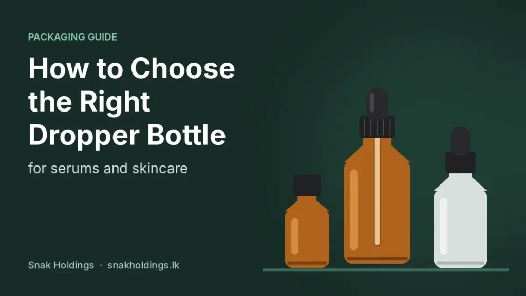 Amber and frosted glass dropper bottles beside the title How to Choose the Right Dropper Bottle for serums and skincare