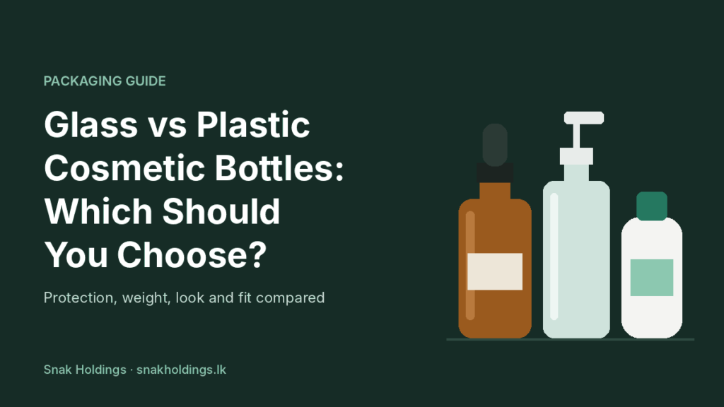 Illustration of an amber glass dropper bottle, a clear glass pump bottle and a white plastic flip-top bottle for a guide to glass vs plastic cosmetic bottles