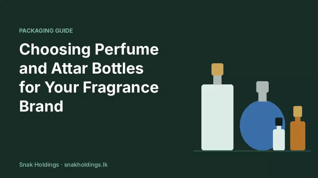 Flat illustration of a tall clear spray perfume bottle, a round blue perfume bottle and small attar bottles beside the title Choosing Perfume and Attar Bottles for Your Fragrance Brand