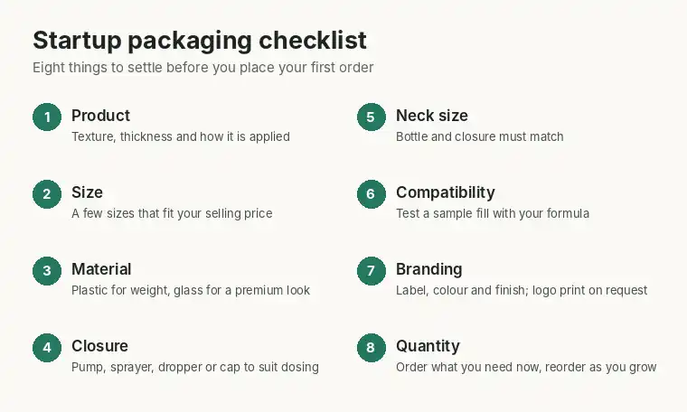 How to Choose Cosmetic Packaging for a Startup in Sri Lanka 4 Startup packaging checklist with eight steps: product, size, material, closure, neck size, compatibility, branding and quantity